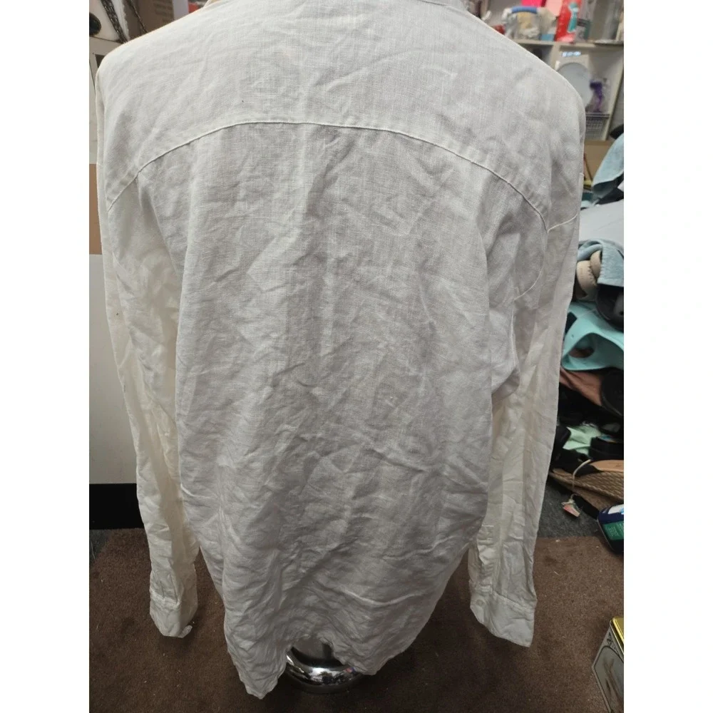 Unisex America White Linen Longsleeve Vneck Embroidered Shirt XXL - Picture 5 of 10